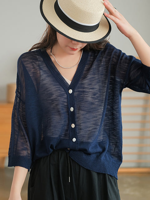 Camisa de punto suelta informal con cuello en V de verano para mujer de talla grande