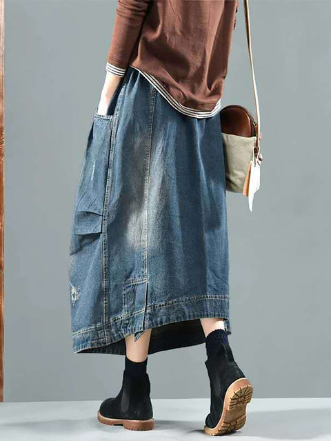 Women Retro Fade Pocket Elastic Waist Denim Skirt