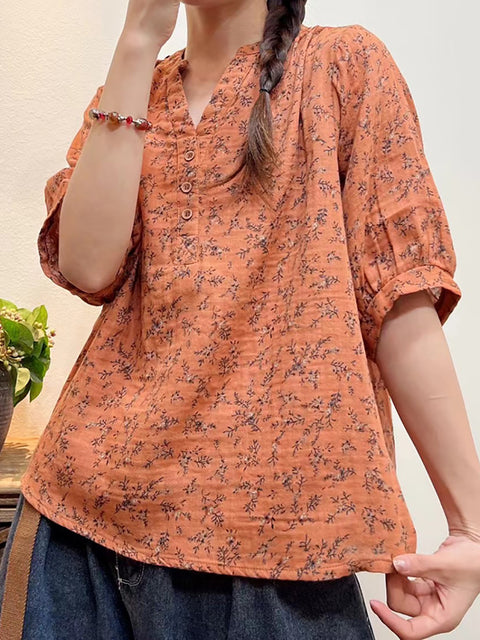 Plus Size Women Summer Artsy Floral Button Loose Shirt