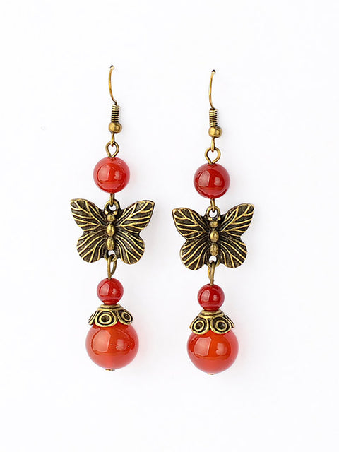 (2 Pairs )Retro Butterfly Red Agate Earrings