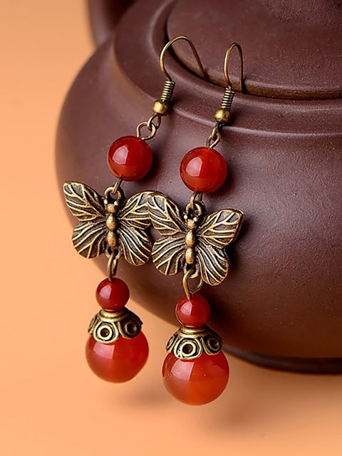 (2 Pairs )Retro Butterfly Red Agate Earrings