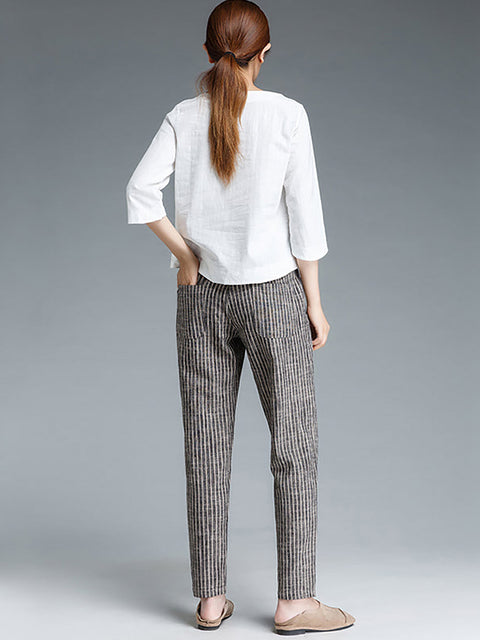 Plus Size Buykud Stripe Cotton Linen Women Pants