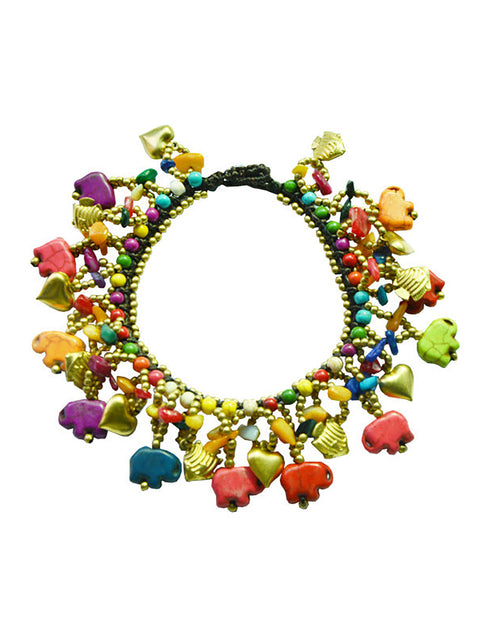 Pulsera turquesa tejida con elefante bohemio para mujer