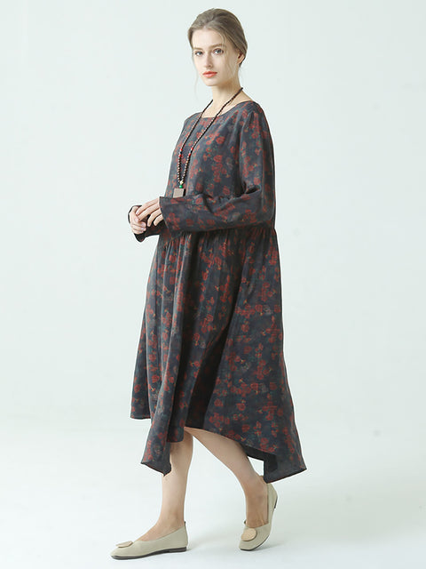 Plus Size Pleated Floral Prints Spring O Neck Loose Dress