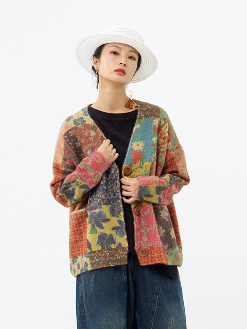 Plus Size Autumn Colorful Flower Knitted Floral Sweater Coat